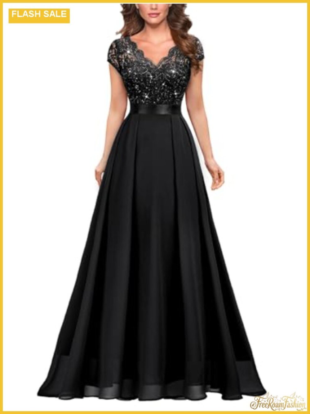V-Neck Sequined Floral Lace Formal Evening Maxi Dress A-Line Cap Sleeve